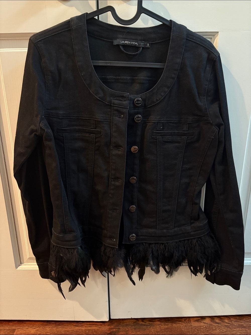 Lauren Vidal Black Feather-Hem Jean Jacket